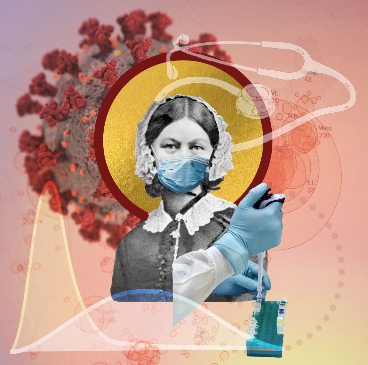 Pandemic Surrealism, 2020, Collage, stellt eine surreale Neuinterpretation der Pandemie dar: Das Coronavirus ist als Aura hinter Florence Nightingale (1820-1910) zu sehen. Bild: Dr. Eleonora Adami (Hübner Lab), MDC CC BY-SA 3.0 IGO
